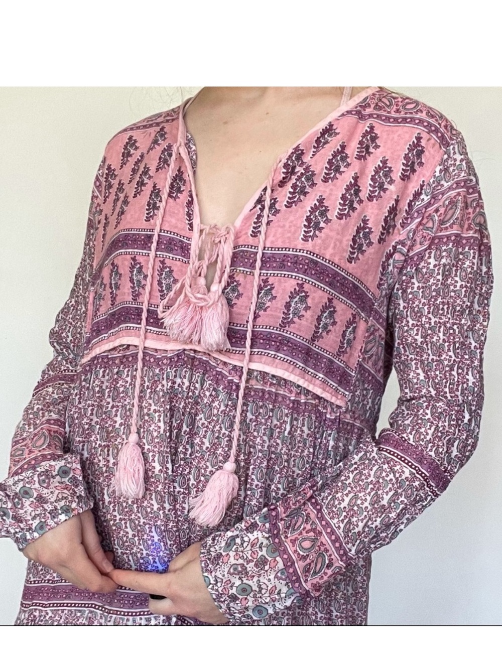 Blue Boheme Pink Purple Floral Paisley Bohemian Cotton Peasant Dress Women’s S/M - Picture 3 of 12